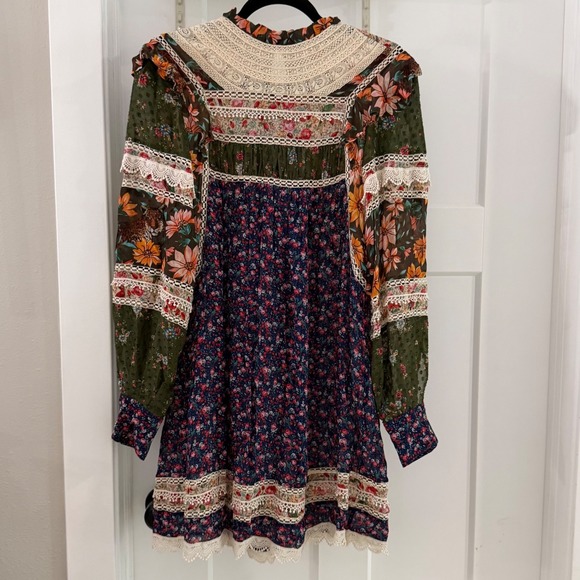 FARM Rio Dresses & Skirts - Farm Rio Mixed Liberty Floral Mini Dress S Crochet Lace Ruffle Boho Cottagecore